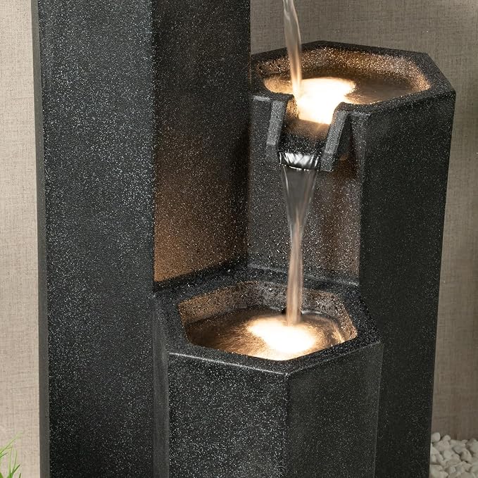 27.95“” H 3-Tiers Cascading Outdoor Water Fountain Made with Eco-Friendly Recyclable Materials, Polyethylene Waterfall Fountain, Outdoor Decor with LED Lights for Patio, Backyard