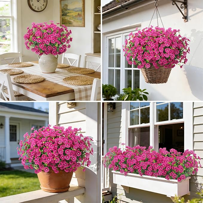 24 Bundles Artificial Flowers for Outdoors Fake Silk Flowers UV Resistant Faux Plants Eucalyptus for Spring Summer Decoration Planters Table Vase Garden Yard Porch Window Home Decor, Fuchsia