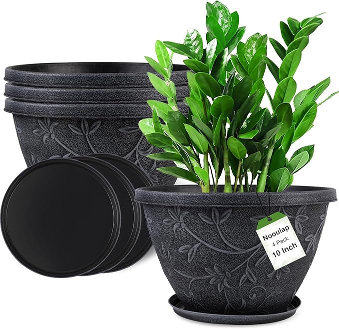 4 Pack 10 Inch Plant Pot for Outdoor Indoor, Plastic Flower Pots with Drainage Hole & Saucer, Lightweight Small Resin Flower Pot, Imitation Magnolia Planter Pots for Garden House（Gray）
