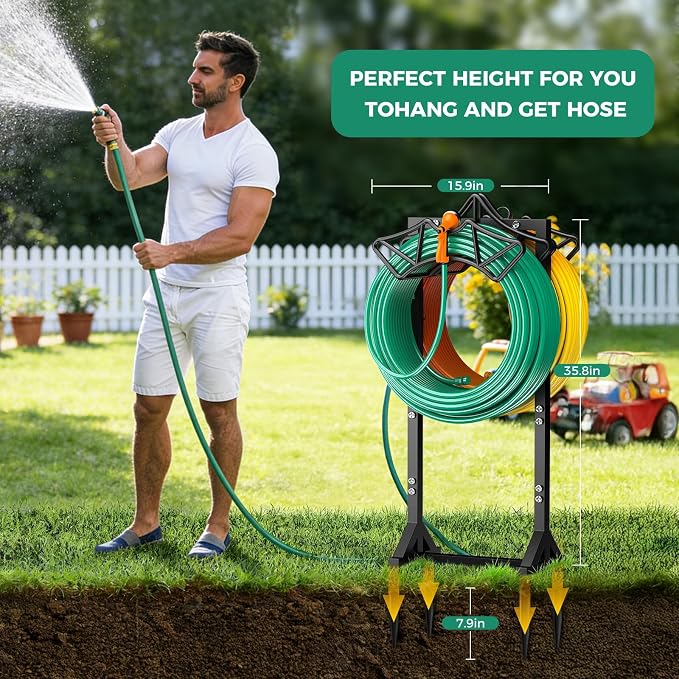 Garden Hose Holder Holds 2 * 160Ft Hoses, Heavy-Duty Freestanding Hose Holder with 4 Spikes, Rustproof Freestanding Hose Stand Water Hose Hanger Storage Hose Rack for Outside, Yard, Lawn, Farm