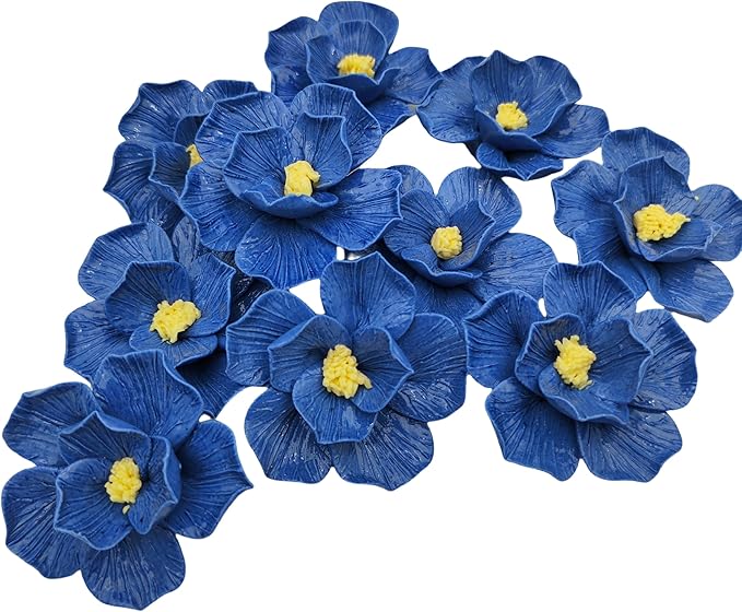 10 PCS 3D Flower Ceramic Tiles,1.6" Handmade Procelain Ceramic Flowers for Artwork,Fish Tank,Vases,Living Room, Dining Table,Office, Home Floral Decor (Double-Flowered Deep Blue)
