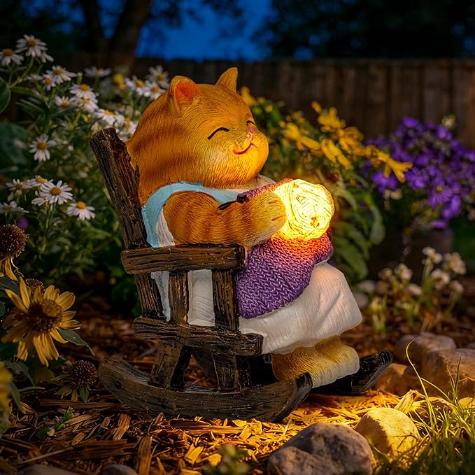 SOWSUN Miniature Cat Garden Statue Gift Outdoor Fairy Decor Figurine Lights Solar Garden Ornament, Birthday Gifts for Women Mother Mom Grandma Cat Lovers, Housewarming Porch Patio Yard Windowsill