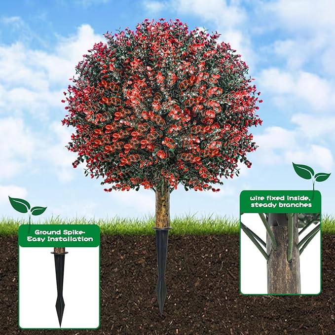 2 Pack 24" Red Rose Boxwood Topiary Ball Trees with Ground Stakes– UV Resistant Fake Shrubs & Bushes for Outdoor Porch, Front Door & Garden Planter Decor