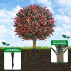 2 Pack 24" Red Rose Boxwood Topiary Ball Trees with Ground Stakes– UV Resistant Fake Shrubs & Bushes for Outdoor Porch, Front Door & Garden Planter Decor
