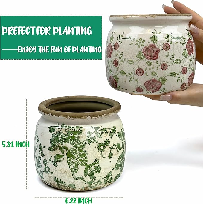 Dosayes Vintage Ceramic Ice Crack Flower Pot with Drainage Holes, Country Rustic Planters for Indoor and Outdoor,Tuscan Decor,Home,Living Room, Garden Decor, Gardening Gift (Country)