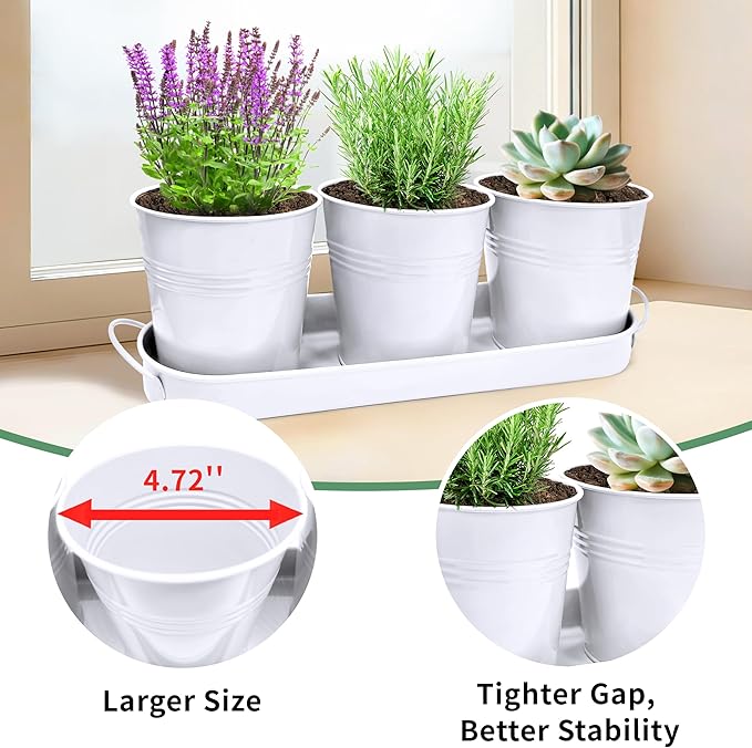 TCBWFY Indoor Herb Garden Planter Set - 3 Pack 4.7" White Metal Plant Pots with Drainage Holes & Removable Tray - Windowsill Kitchen Counter Balcony Office Garden
