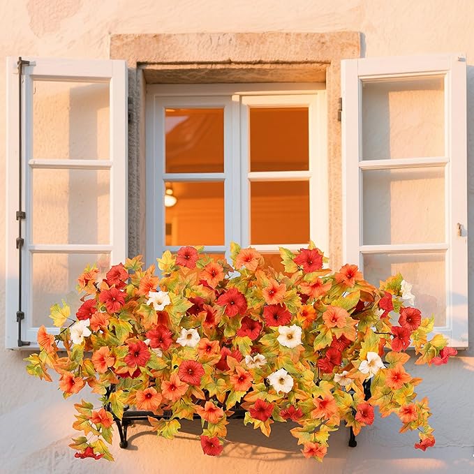 Ammyoo Artificial Fall Flowers Fake Petunias Plants for Outdoor Decoration, 2 Pcs Silk Faux Flowers UV Resistant No Fade Plants for Garden Balcony Yard Porch Realistic Indoor Decor (Orange White)