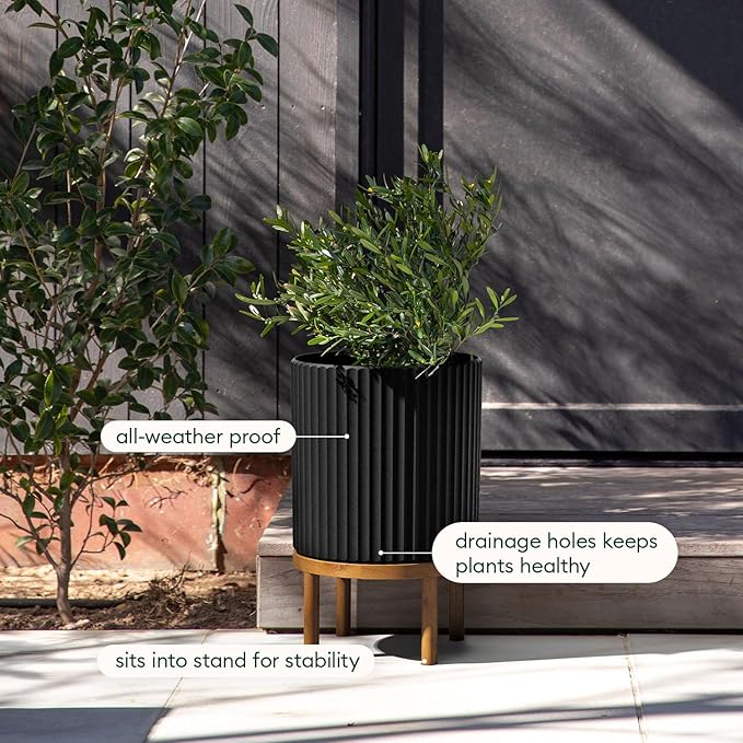 Veradek Demi Series Round Planter w/Stand for Porch/Patio | Durable Plastic-Stone Composite & Wooden Stand | Modern Décor for Tall Plants, Flowers
