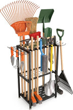 Faesun Garden Tool Organizer, 3-Tier Metal Yard Tool Rack with 14 Hooks & 5 Slots, Holds 50+ Rakes/Shovels/Brooms, Heavy Duty Freestanding Lawn Tool Storage for Garage Shed Outdoor Organization