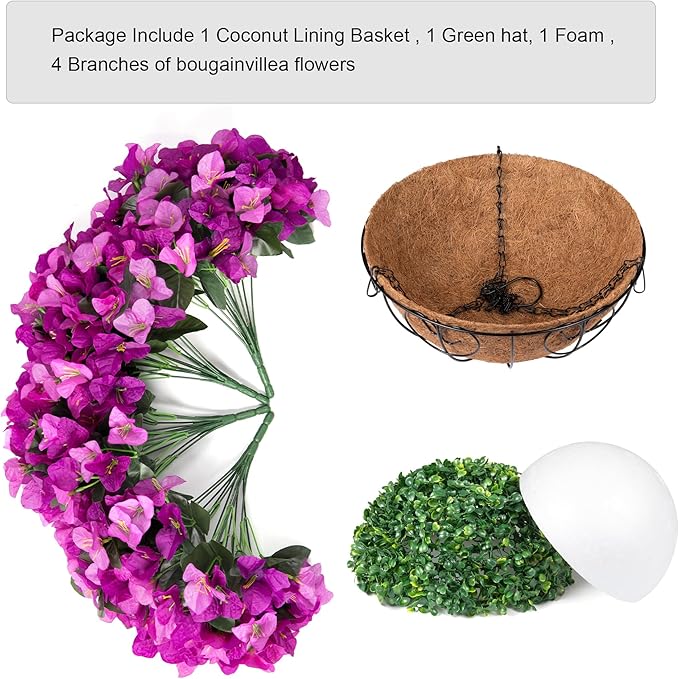 HyeFlora Artificial Hanging Flowers Plant with Basket for Outdoors, Fake Hanging Plants Silk Bougainvillea in Planter Realistic UV Resistant Faux Flower for Outside Porch Patio Garden Home Decor, Mix