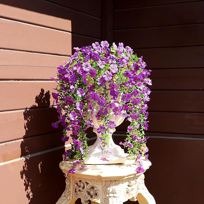 Artificial Flowers for Outdoors Faux Plants for Spring Summer Decoration,6 Bundles UV Resistant Realistic Silk Hanging Flowers Indoor Garden Porch Patio Balcony Yard Farmhouse（Purple）