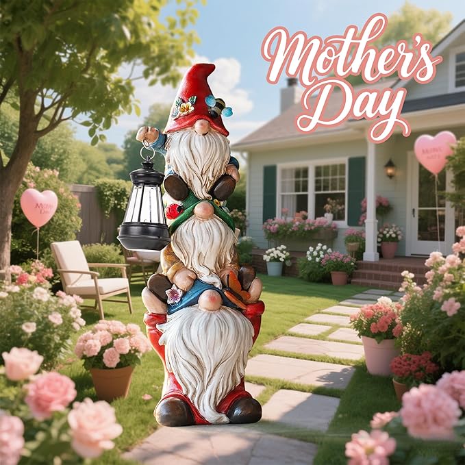 twinbling Garden Gnome Statue with Solar Lights Garden Sculptures Funny Triple Gnome Outdoor Patio Lawn Yard Balcony Home Decor Birthday Gift for Mom Woman Grandma 12 in Summer Gnomes
