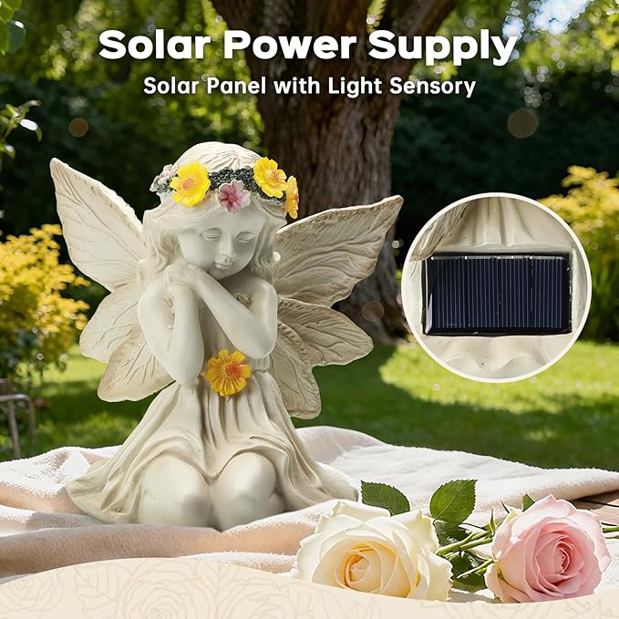 Solar Angel Garden Statue Outdoor Decor, Angel Figurines with Garland Flower Light, Cemetery Decoration for Grave, Yard, Patio, Balcony, House Warming Birthday Gifts for Women, Mom, Grandma