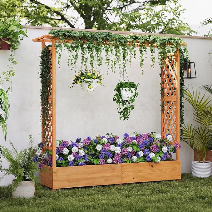 BECOMFORT Raised Garden Bed with Trellis & Hanging Roof, 72" Tall Fir Wood Planter Box with Drainage Holes, Outdoor Elevated Garden Planter for Climbing Vines (Orange, 77" Lx17 Wx72 H)