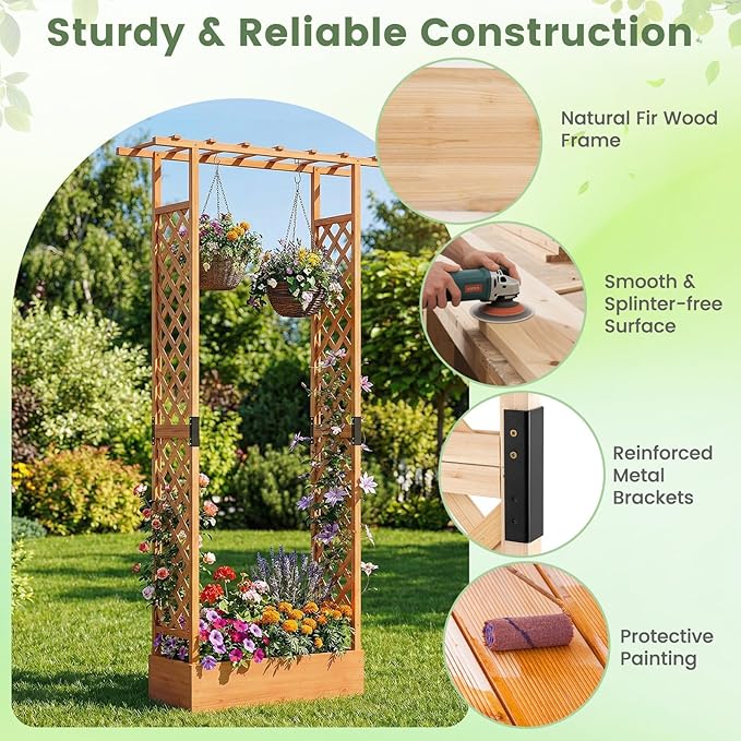 BECOMFORT Raised Garden Bed with Trellis & Hanging Roof, 89" Tall Fir Wood Planter Box with Drainage Holes, Outdoor Elevated Garden Planter for Climbing Vines, Perfect for Patio, Lawn & Backyard