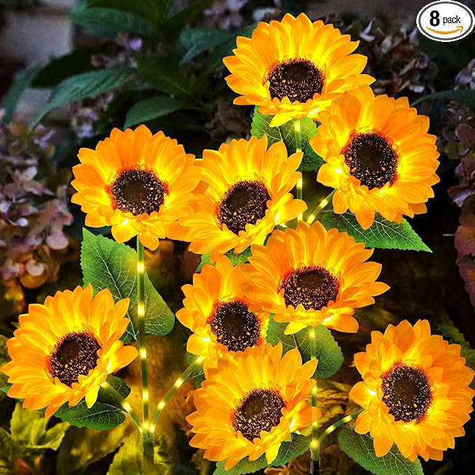 KOOPER Solar Lights Outdoor Decor - Upgraded 8 Pack Solar Garden Lights with 24 Sunflower Lights, Waterproof Solar Outdoor Lights Auto ON/Off Solar Decorative Lights for Garden, Patio, Yard