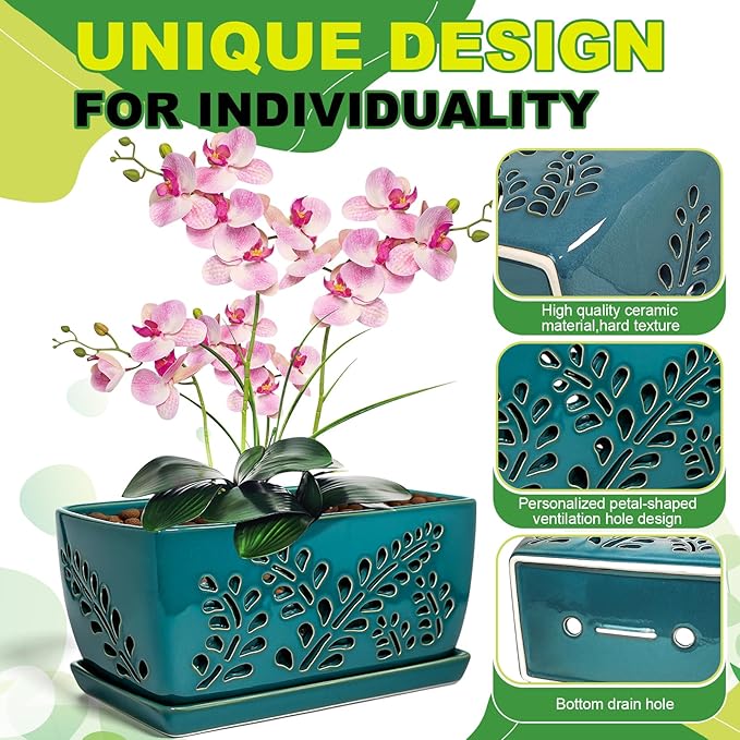 Ceramic Orchid Pot, 10 Inch Orchid Pots with Holes, Premium Thickened Handmade Glazed Pot for Orchidaceae Plants, Indoor Outdoor Decorative Flower Pots for Easy Repotting