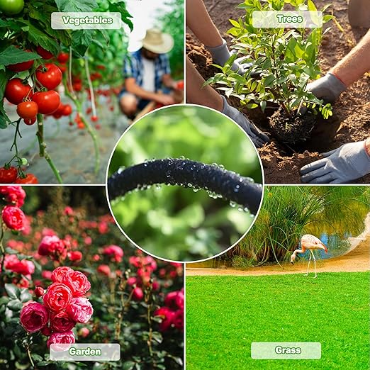 Customizable Soaker Hose System, 1/2inch 75ft Rubber Hose with 50ft PVC Garden Hose, Drip Irrigation Watering Hose with Reinforced Fittings for Flowers Bed Foundation, Lawn, Vegetable, Tree