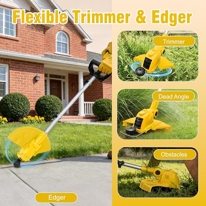 21V Cordless String Trimmer & Edger, 12" Auto-Feed Grass Cutter with 2.0Ah Battery & Fast Charger, 2-in-1 Electric Lawn Tool Includes 10 Lines for Garden and Yard Maintenance-Yellow