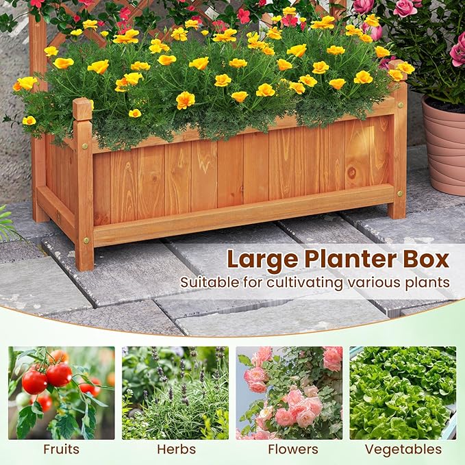 Giantex Raised Garden Bed with Trellis Set of 2, 60" Wooden Planter Container w/Drainage Holes, High Trellis for Plant Flower Climbing Pot Hanging, Indoor Outdoor Planter Box for Yard Garden Balcony