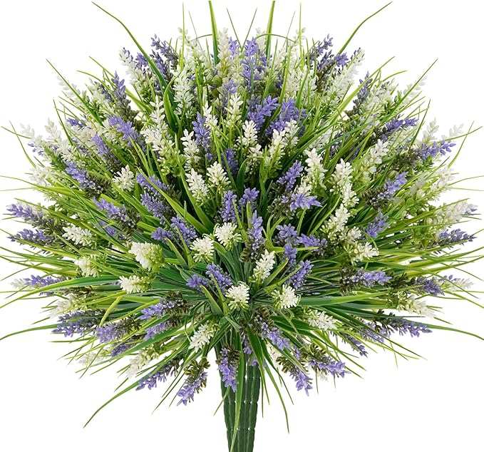 20 Bundles Artificial Plants Outdoor, UV Resistant Fake Flowers, Realistic Faux Lavender Shrubs for Porch Garden Window Box Home Decoration (White LitghtPurple)