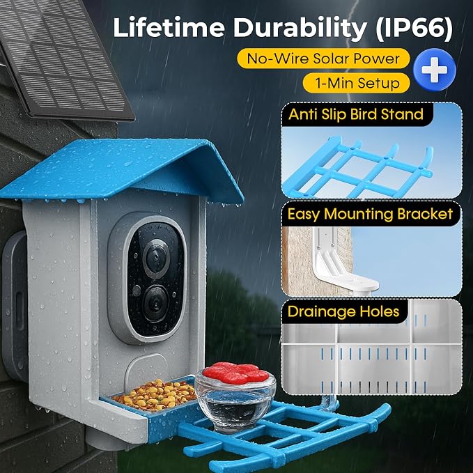 Solar Powered Bird Feeder with Camera: One Full Charge Lasts for Weeks with 6W High Conversion Rate Solar Panel - Continuously Record Over 600 30-S 2K Videos on Backyard/Garden