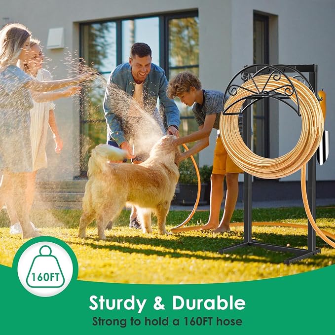 TomCare Garden Hose Holder Heavy Duty Water Hose Holder Holds 160 FT Hoses 4 Spikes Hose Reel Freestanding Hose Hanger Sturdy Hose Storage Stand for Outside Yard Lawn