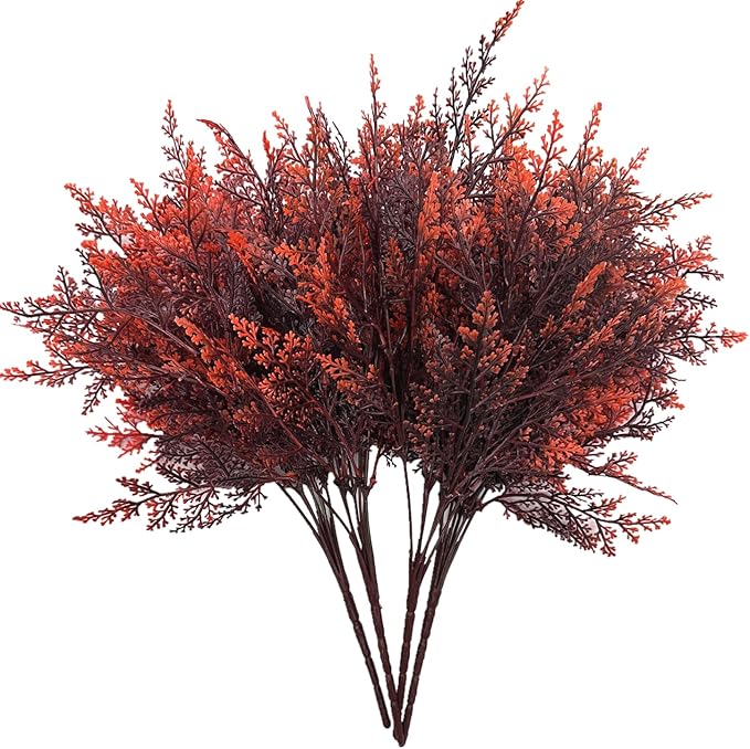 Artificial Fern Plants, Fake Shrubs Faux Boston Grass Plastic Leaves Greenery Bushes Home Garden Kitchen Party Decor Outdoor Indoor Office Yard Verandah Planter Filler DIY Decoration Red 4 Pack