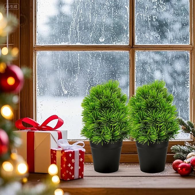 2 Pack Realistic Artificial Potted Plants Simulation Welcoming Pine,9.5" Small Faux Greenery for Desk Office Home Christmas Decorations, Pet Friendly Faux Cedar Shrubs in Pot (Maintenance Free)
