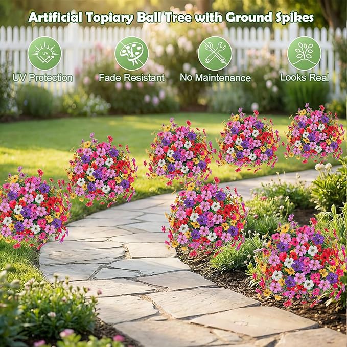 2 Pack Artificial Topiary Ball Tree with Ground Spike,23" Outdoor UV Resistant Fake Boxwood Bushes with Flower Violet,Shrub Faux Plants Evergreen Tree for Garden Porch Yard Patio Spring Decor