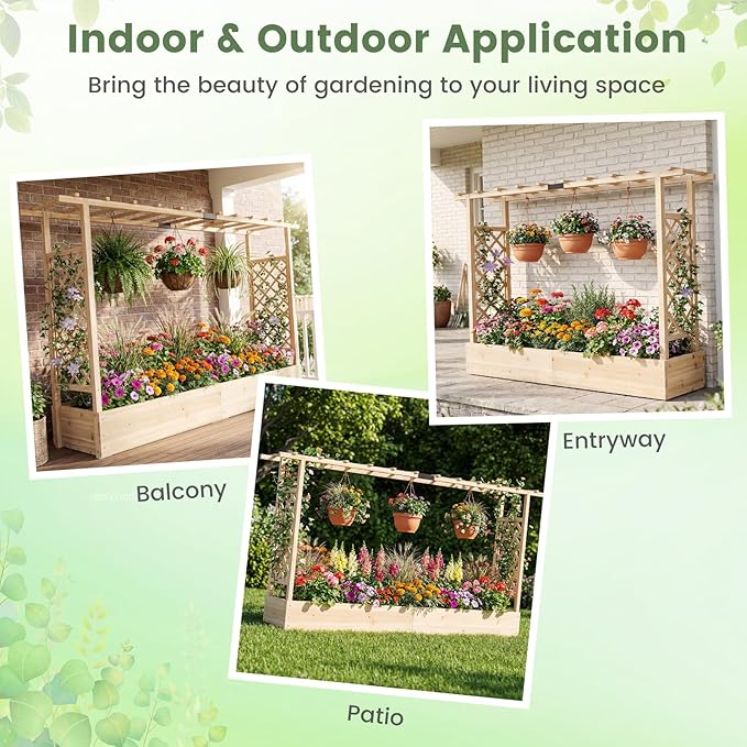 BECOMFORT Raised Garden Bed with Trellis & Hanging Roof, 45" Tall Fir Wood Planter Box with Drainage Holes, Outdoor Elevated Garden Planter for Climbing Vines, Perfect for Patio, Lawn & Backyard