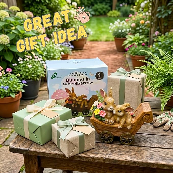 PRETMANNS Solar Garden Outdoor Statue Bunny Decor with Lights - Rabbit Lawn Ornament for Outside Yard Patio - Animal Figurines Gift for Mom Grandma - Waterproof Resin Garden Statues Outdoor – Large
