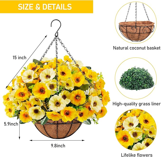 Ouddy Decor Artificial Hanging Flowers with Basket, Fake Silk Hanging Flowers in Coconut Lining Basket Faux Hanging Plants for Outdoor Indoor Spring Garden Porch Home Decor, Yellow
