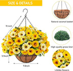 Ouddy Decor Artificial Hanging Flowers with Basket, Fake Silk Hanging Flowers in Coconut Lining Basket Faux Hanging Plants for Outdoor Indoor Spring Garden Porch Home Decor, Yellow
