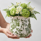 Vintage Ceramic Planter Pot with Drainage Holes, Green Floral Design, 6.11 Inch, Distressed Tuscan Style, Indoor Plant Pot and Vase (Green)