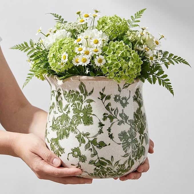 Vintage Ceramic Planter Pot with Drainage Holes, Green Floral Design, 6.11 Inch, Distressed Tuscan Style, Indoor Plant Pot and Vase (Green)