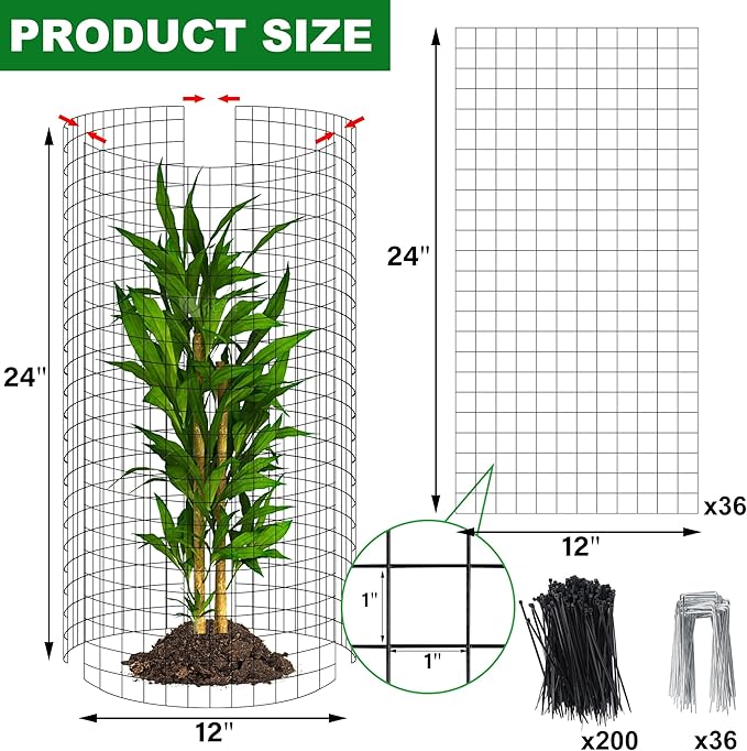 winemana 12 Set Plant Protectors Covers from Animals, 36 Pcs 24x12 Inch Metal Wire Garden Cages with Stakes & Ties, Outdoor Protection to Keep Rabbits Chickens Out for Flowers Vegetables (Black)