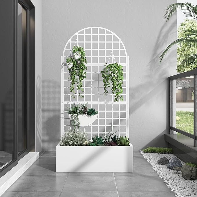 Casaphoria Metal Raised Garden Bed with Trellis and Wheels, 72"x35"x16" Arched Planter Box for Climbing Plants, Vegetables & Vines, Features Drainage Holes and Privacy Screen, White-Grid