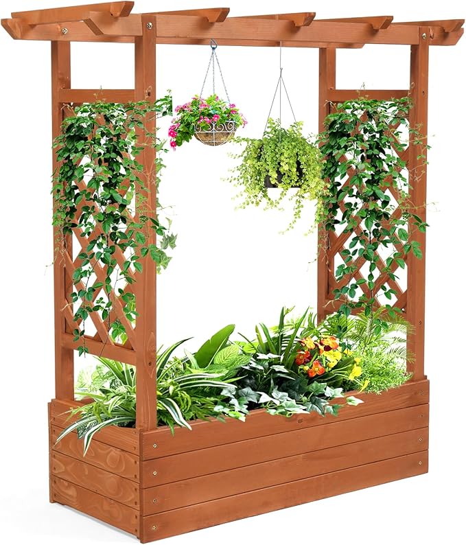 VINGLI 45 in Raised Garden Bed with Trellis & Hanging Roof, Wooden Elevated Planter Box with Drainage Holes for Outdoor Climbing Plants Vegetables Flowers, Patio Yard Balcony