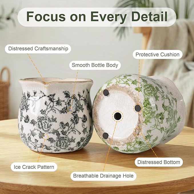 DREAMLOOM Vintage Ceramic Planter for Indoor Plants,6.1" Ice Crack Cottage Scroll Vase Tuscan Decor Flower Pots with Drainage Holes Home Kitchen Farmhouse Antique Decorative Gift (Grey-Corrugated)