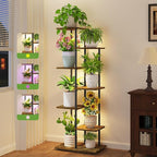 iDavosic.ly 6 Tier Tall Plant Stand Indoor with Light, Tiered Corner Metal Wood Multiple Flower Holder Shelf, 50 Inch Display Grow Rack for Living Room Bedroom, Modern Black & Rustic Brown