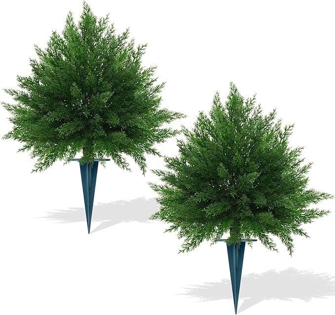 2Pack Artificial Cedar Topiary Ball Trees,16'' UV Resistant Fake Evergreen Shrubs Bushes Plants with Ground Spike Fake Plants for Outdoor Indoor Front Porch Garden
