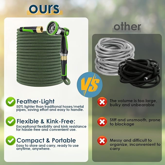 Non-Expandable Garden Hose 50 FT, Lightweight Hose with 10 Function Spray Nozzle, Kink-Free Flexible Water Hose, Durable, Leak-Proof, 360° Swivel Connectors, Portable Storage Strap