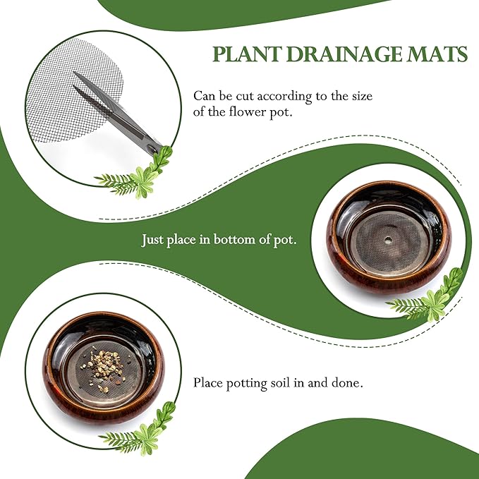 Quacc 100 PCS Flower Pot Hole Mesh Pad, 2/4 Inch Round Plant Pot Drainage Mat, Plant Potting Bonsai Bottom Grid Mat to Prevent Soil Loss (Black)