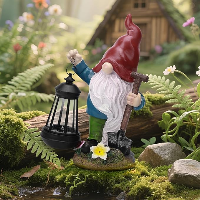 Gnome Garden Decor Statue with Lantern, Solar Gnomes Outdoor Decorations with LED Lights, Lawn Decor Yard Ornament for Patio Balcony, Mother's Day Birthday Gift for Mom Grandma