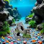Resin Aquarium Mountain Decor with Moss Rock Cave - Multi-Level Terrain for Fish Tank Landscaping, Natural-Looking Rockery Design with Hidden Cave and Crevices for Shrimp, Reptile Habitat