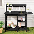 SERWALL Outdoor Potting Bench 2-Piece Set, Rot-Resistant HDPE Potting Table with Removable Sink for Outside Gardening, All-Weather Use - Black