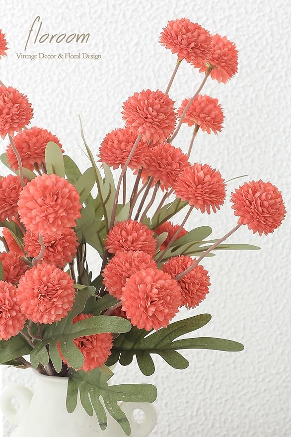 Floroom 5pcs Coral Orange Faux Silk Mums Artificial Flowers, Bulk Fake Small Mini Chrysanthemums with Stems for DIY Wedding Centerpieces Floral Arrangements Vase Fillers Home Decorations