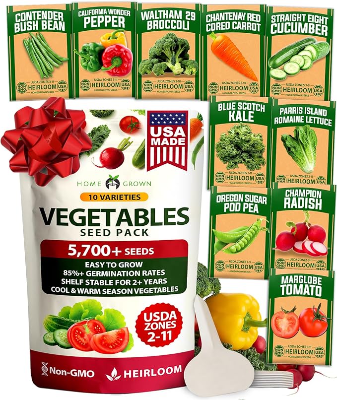 HOME GROWN 10 Variety Survival Seed Vault 2000+ USA Grown Heirloom Non-GMO Vegetable Seeds for Planting, High Germination, Garden Starter Kit, Emergency Food Supply, Indoor Outdoor