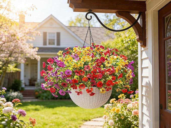 HyeFlora Artificial Faux Hanging Plants Flowers Basket for Outdoor Outside Spring Summer Decoration, Fake Silk UV Sun Resistant Realistic Colorful Daisy for Porch Patio Balcony Home